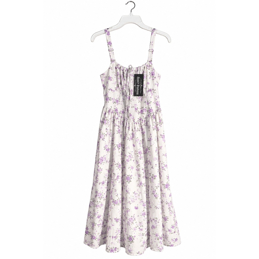 Scarlet Darkness Milkmaid Dress L White Purple Floral Cottagecore Pockets NWT